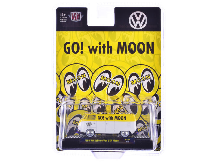 1960 Volkswagen Delivery Van USA Model "MoonEyes" White and Yellow with Top Graphics and White Interior Limited Edition to 5236 pieces Worldwide 1/64 Diecast Model Car by M2 Machines-1