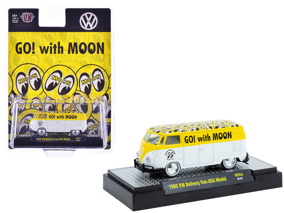 1960 Volkswagen Delivery Van USA Model "MoonEyes" White and Yellow with Top Graphics and White Interior Limited Edition to 5236 pieces Worldwide 1/64 Diecast Model Car by M2 Machines-2