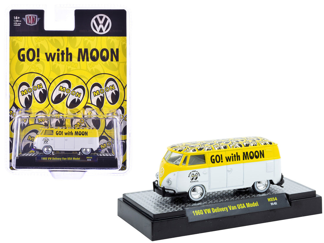 1960 Volkswagen Delivery Van USA Model "MoonEyes" White and Yellow with Top Graphics and White Interior Limited Edition to 5236 pieces Worldwide 1/64 Diecast Model Car by M2 Machines-2
