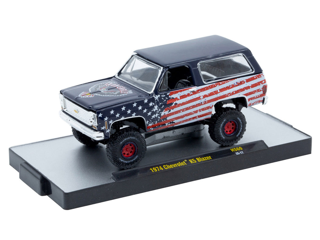 Chevrolet 1974 K5 Blazer "Iron Eagle" Dark Blue with American Flag Graphics Limited Edition to 5500 pieces Worldwide 1/64 Diecast Model Car by M2 Machines 2