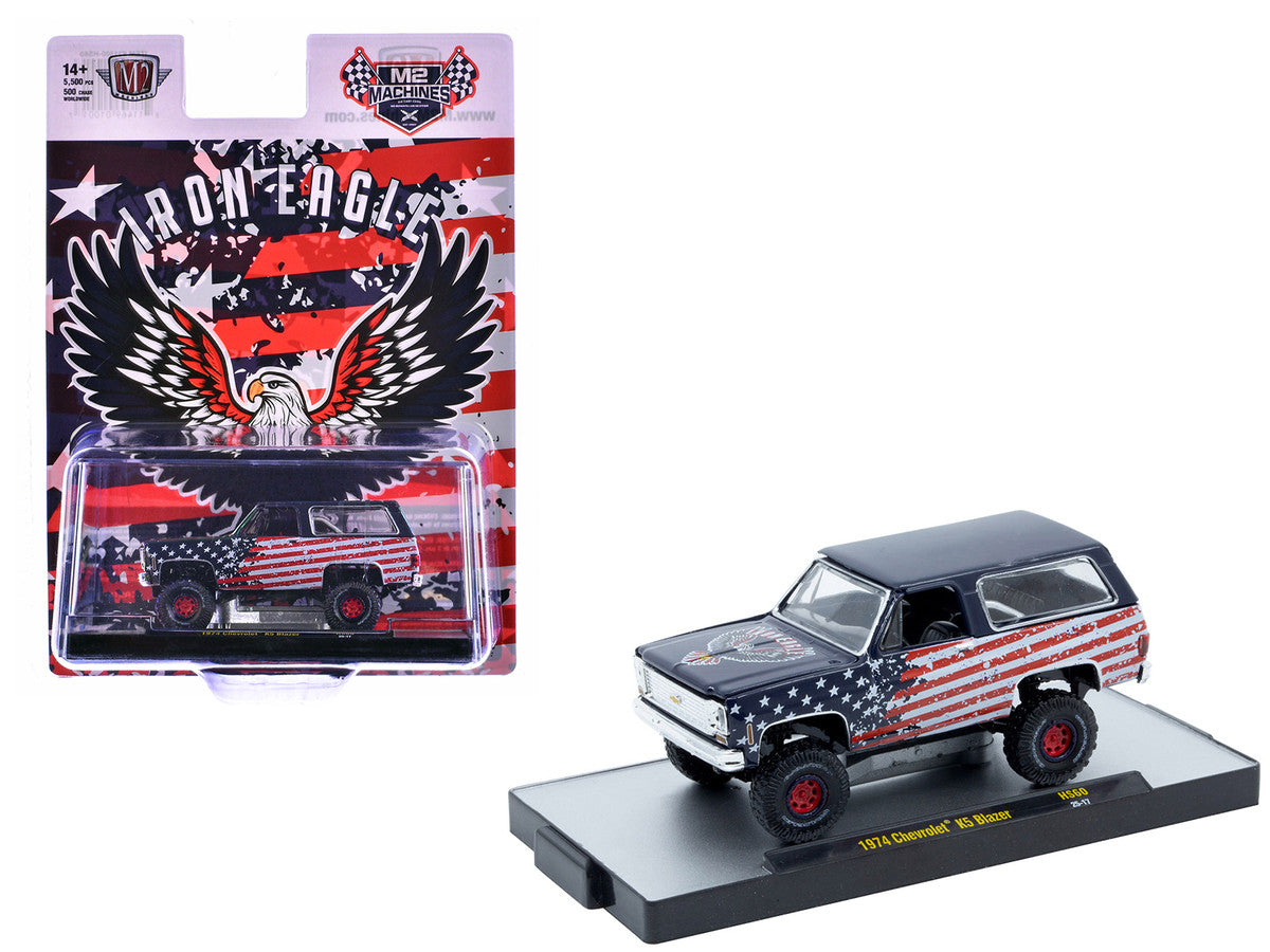 Chevrolet 1974 K5 Blazer "Iron Eagle" Dark Blue with American Flag Graphics Limited Edition to 5500 pieces Worldwide 1/64 Diecast Model Car by M2 Machines