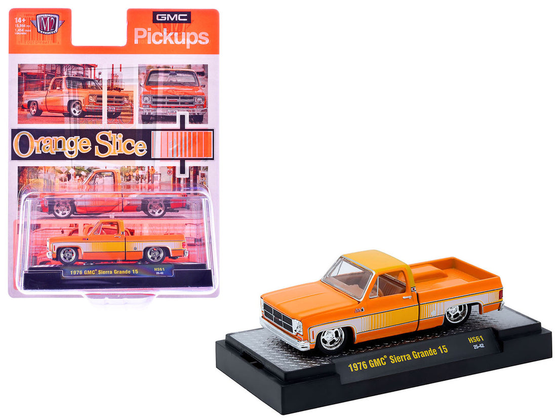 1976 GMC Sierra Grande 15 Pickup Truck Orange and white with Orange Interior Limited Edition to 15994 pieces Worldwide 1/64 Diecast Model Car by M2 Machines-2