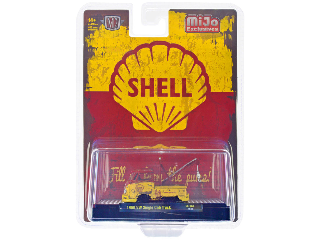 1960 Volkswagen Single Cab Tow Truck Yellow and Red (Weathered) "Shell Oil" Limited Edition to 4400 pieces Worldwide 1/64 Diecast Model by M2 Machines-0