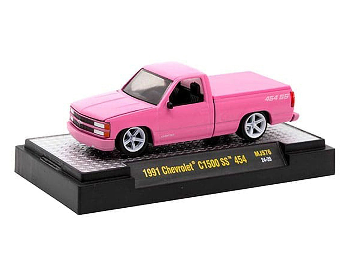 1991 Chevrolet C1500 SS 454 Pickup Truck Pink "The Heartbeat of America" Limited Edition to 9900 pieces Worldwide 1/64 Diecast Model Car by M2 Machines-0