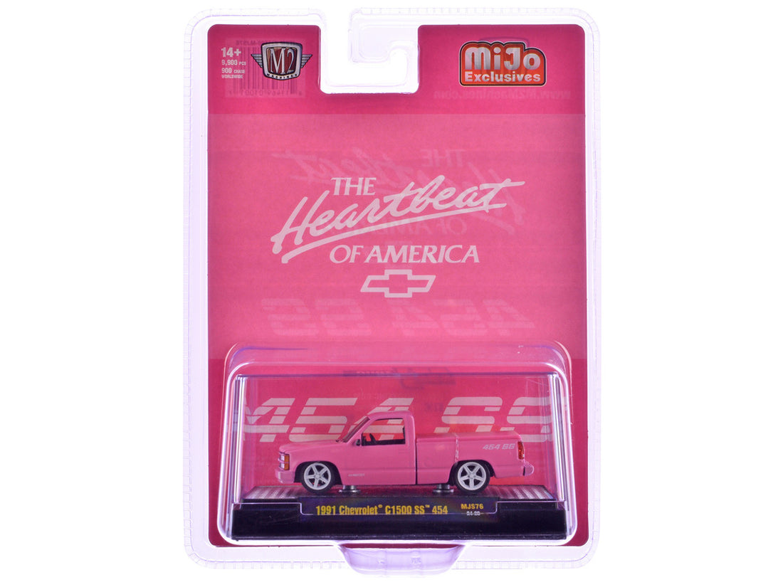 1991 Chevrolet C1500 SS 454 Pickup Truck Pink "The Heartbeat of America" Limited Edition to 9900 pieces Worldwide 1/64 Diecast Model Car by M2 Machines-1