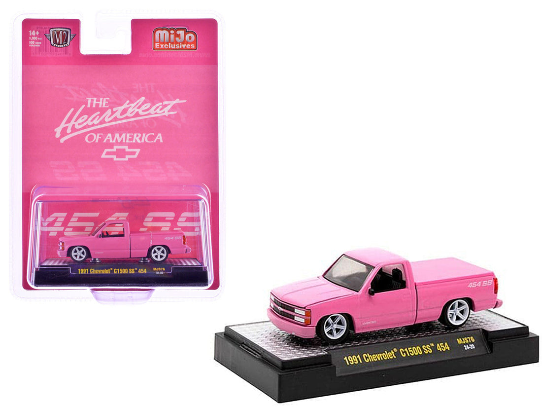 1991 Chevrolet C1500 SS 454 Pickup Truck Pink "The Heartbeat of America" Limited Edition to 9900 pieces Worldwide 1/64 Diecast Model Car by M2 Machines-2