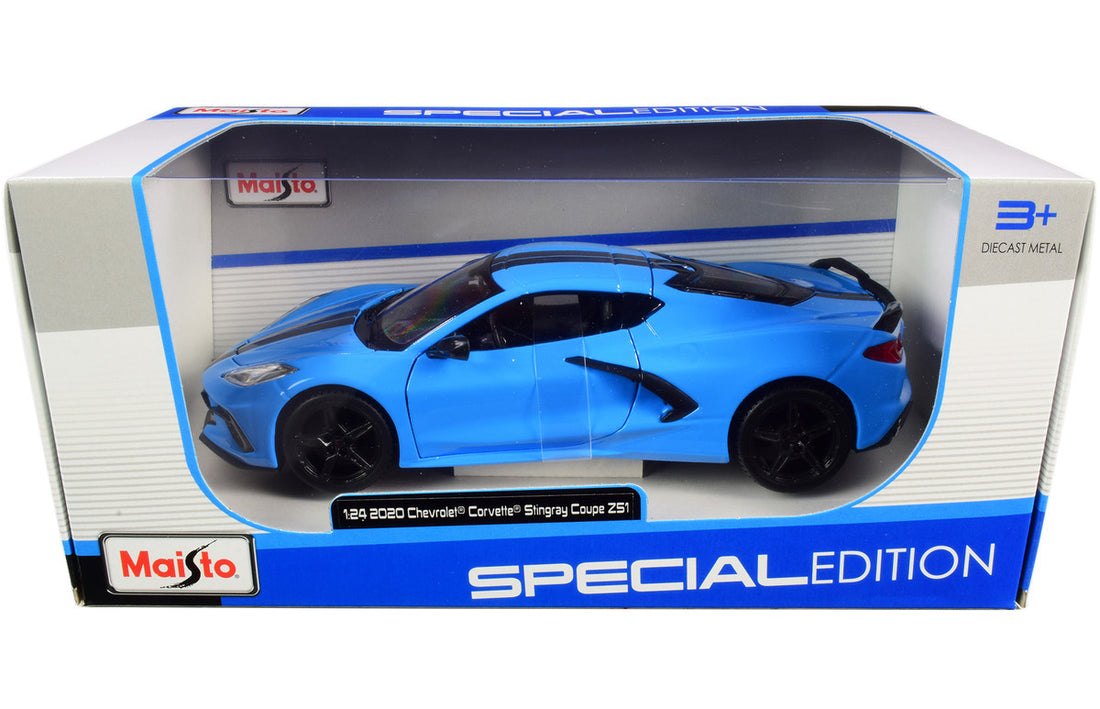 2020 Chevrolet Corvette Stingray Z51 Coupe Blue with Black Stripes 1/24 Diecast Model Car by Maisto-2