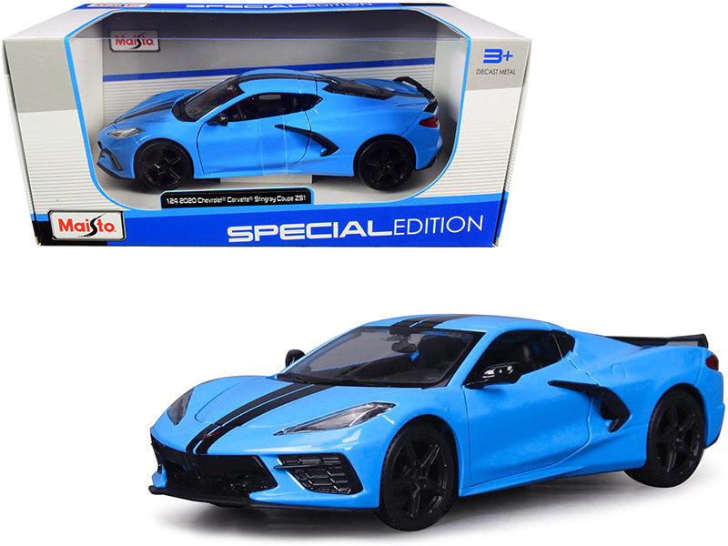 2020 Chevrolet Corvette Stingray Z51 Coupe Blue with Black Stripes 1/24 Diecast Model Car by Maisto-0