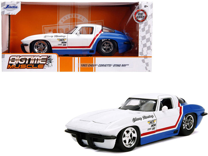 1963 Chevrolet Corvette Stingray White and Blue with Red Stripe "Chevy Racing" "Bigtime Muscle" 1/24 Diecast Model Car by Jada-0