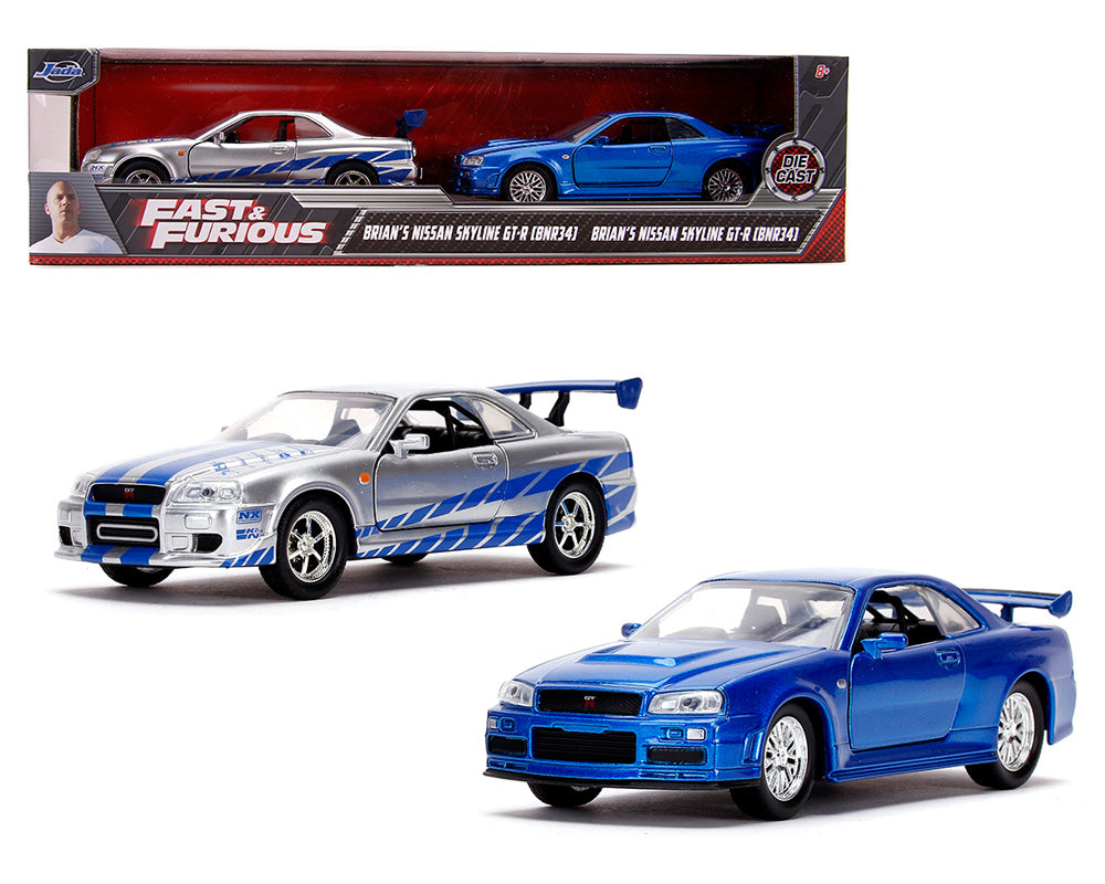 Nissan Skyline GT-R (BNR34) Silver (Brian's) – Blue, Jada 1:32 Twin-Packs Fast &amp; Furious | 31980