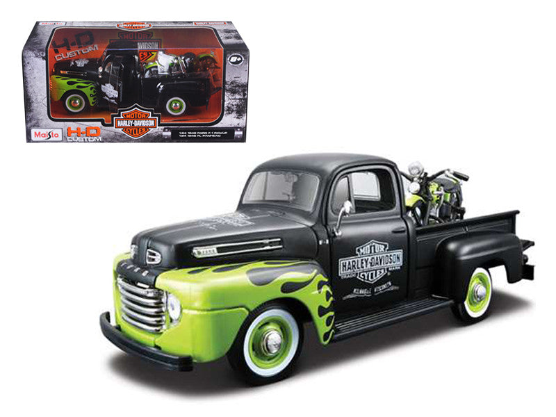 1948 Ford F-1 Pickup Truck "Harley Davidson" with 1948 Harley Davidson FL Panhead Motorcycle Black and Green 1/24 Diecast Models by Maisto-0