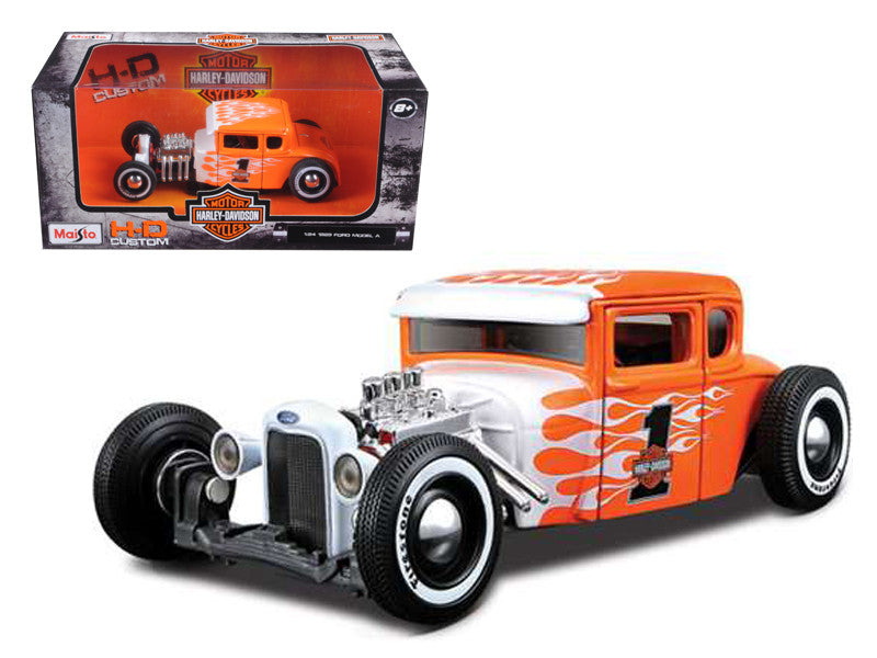 1929 Ford Model A #1 "Harley Davidson" Orange with White Flames 1/24 Diecast Model Car by Maisto-0