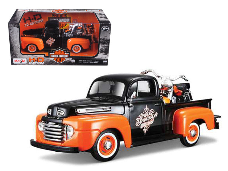 1948 Ford F-1 Pickup Truck with 1958 Harley Davidson FLH Duo Glide Motorcycle Orange and Black 1/24 Diecast Models by Maisto-0