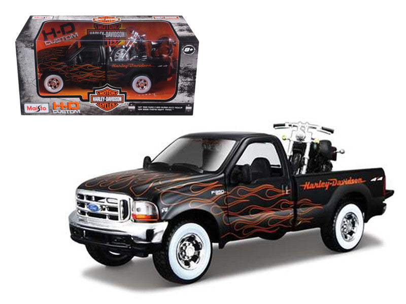 1999 Ford F-350 Super Duty Pickup Black with Flames 1/27 & 2002 Harley Davidson FLSTB Motorcycle Night Train 1/24 Diecast Models by Maisto-0