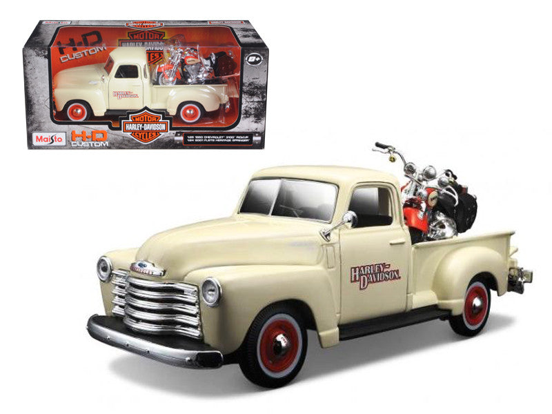 1950 Chevrolet 3100 Pickup Truck Cream 1/25 and 2001 FLSTS Heritage Springer Motorcycle Orange 1/24 "Harley-Davidson Custom" Series Diecast Models by Maisto-0