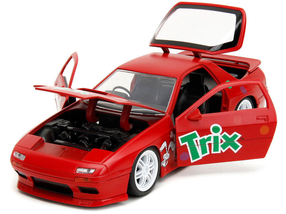 1985 Mazda RX-7 RHD (Right Hand Drive) Red with Graphics and Trix Rabbit Diecast Figure "Trix Cereal" "Hollywood Rides" Series 1/24 Diecast Model Car by Jada-1