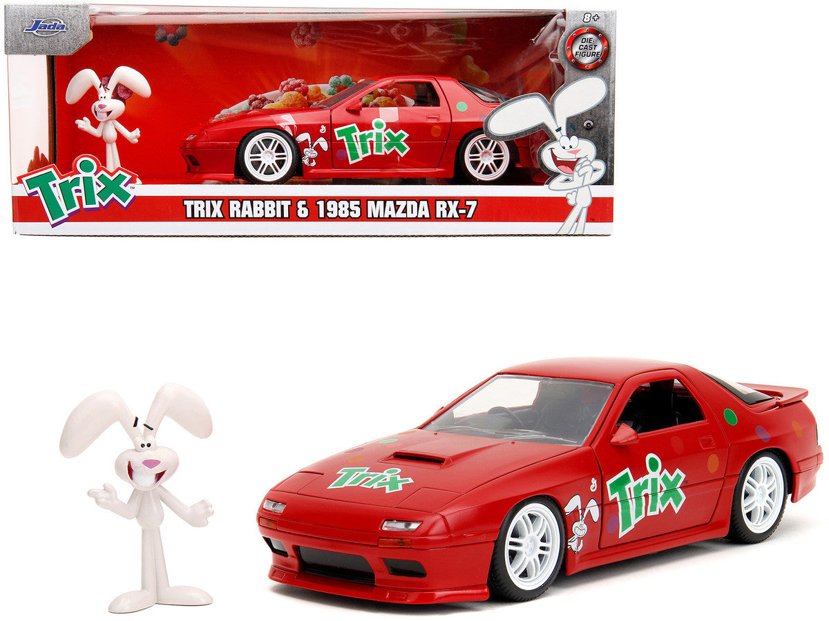 1985 Mazda RX-7 RHD (Right Hand Drive) Red with Graphics and Trix Rabbit Diecast Figure "Trix Cereal" "Hollywood Rides" Series 1/24 Diecast Model Car by Jada-0