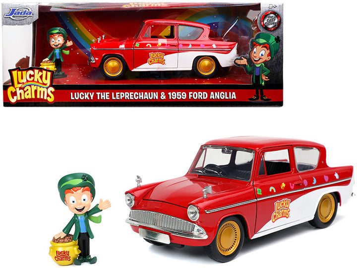 1959 Ford Anglia Red and White with Lucky the Leprechaun Diecast Figurine "Lucky Charms" 1/24 Diecast Model Car by Jada-0