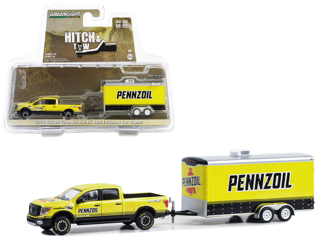 2018 Nissan Titan XD Pro-4X Pickup Truck Yellow with Enclosed Car Hauler "Pennzoil" "Hitch & Tow" Series 30 1/64 Diecast Model Car by Greenlight-0