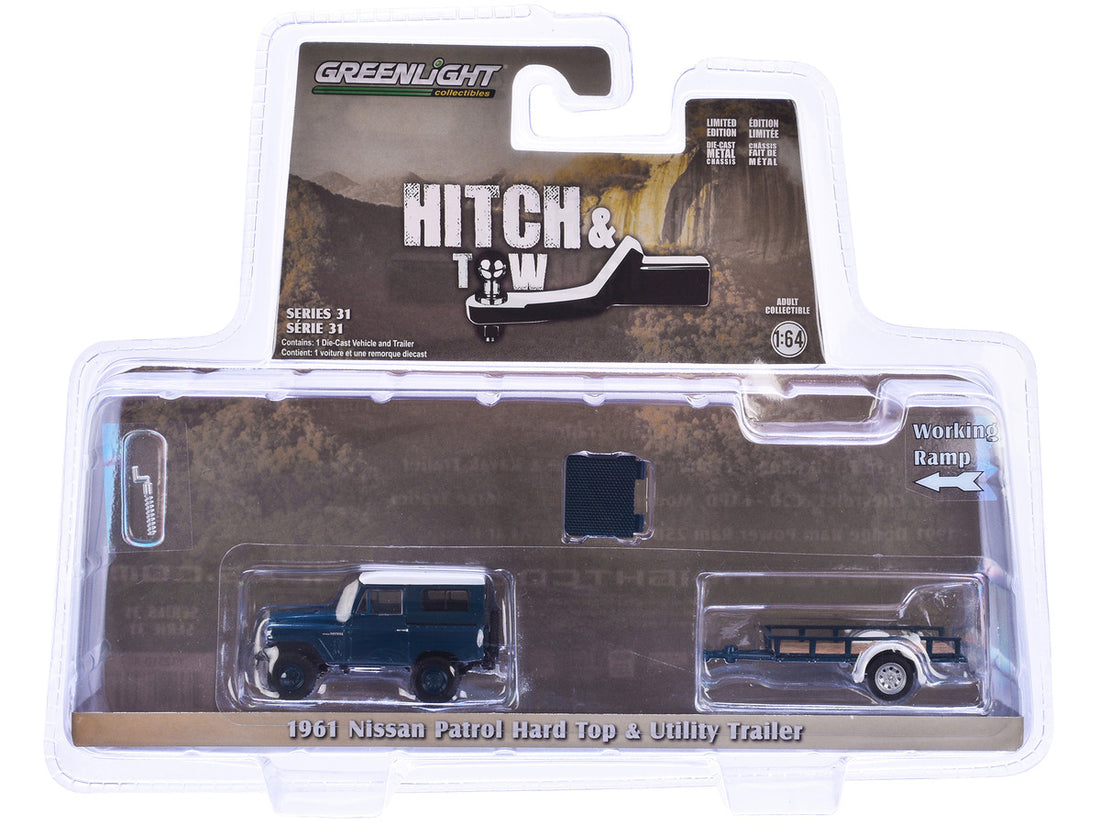 1961 Nissan Patrol Blue with White Top and Utility Trailer "Hitch & Tow Series" 31 1/64 Diecast Model Car by Greenlight-1