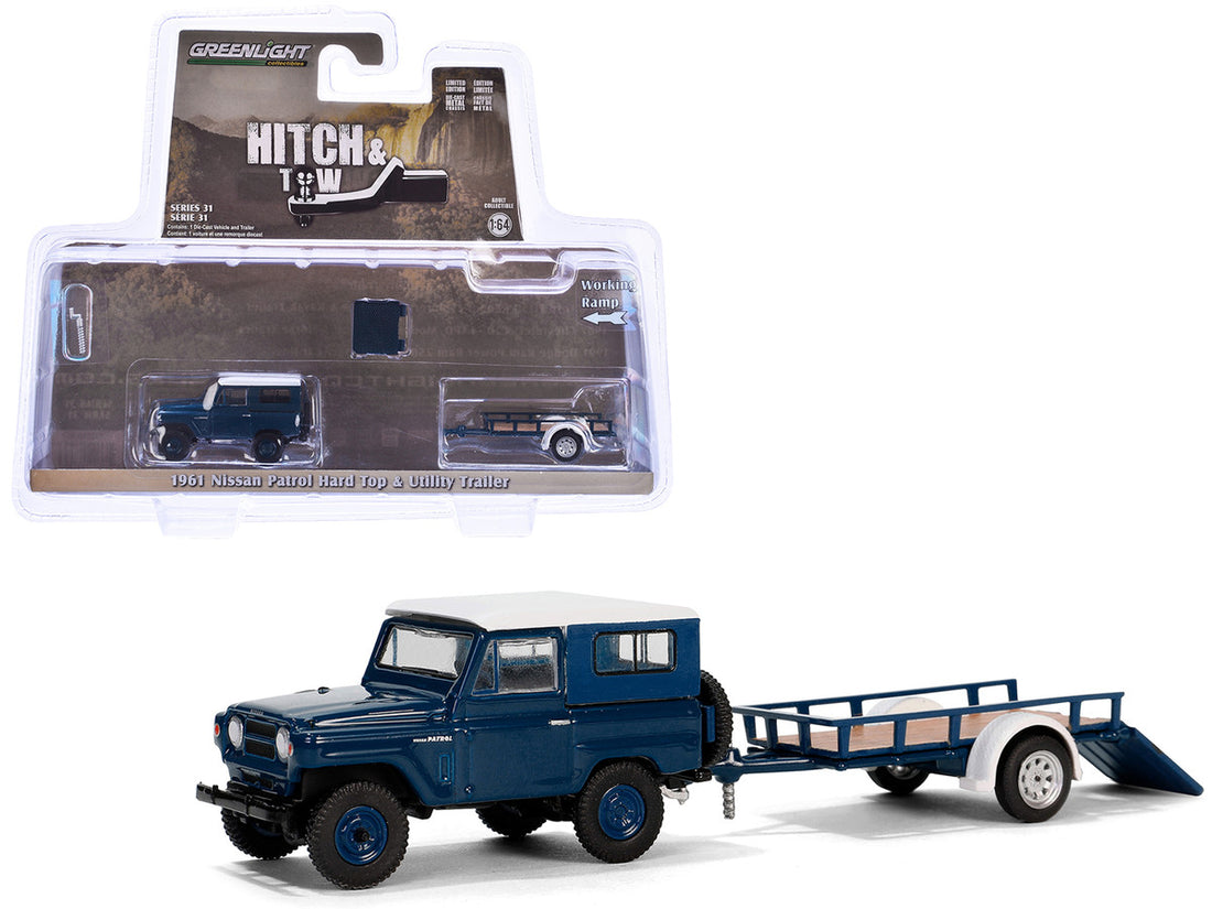 1961 Nissan Patrol Blue with White Top and Utility Trailer "Hitch & Tow Series" 31 1/64 Diecast Model Car by Greenlight-2