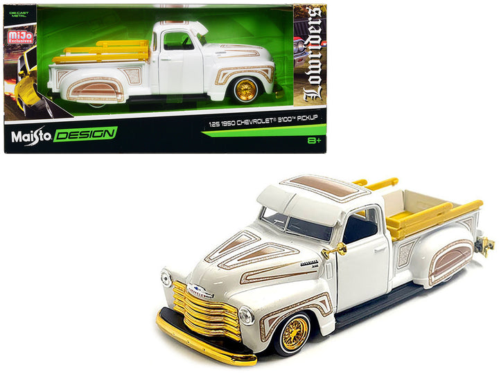 Chevrolet 1950 3100 Pickup Truck Lowrider White with Graphics and Gold Wheels "Lowriders" Series 1/25 Diecast Model Car by Maisto