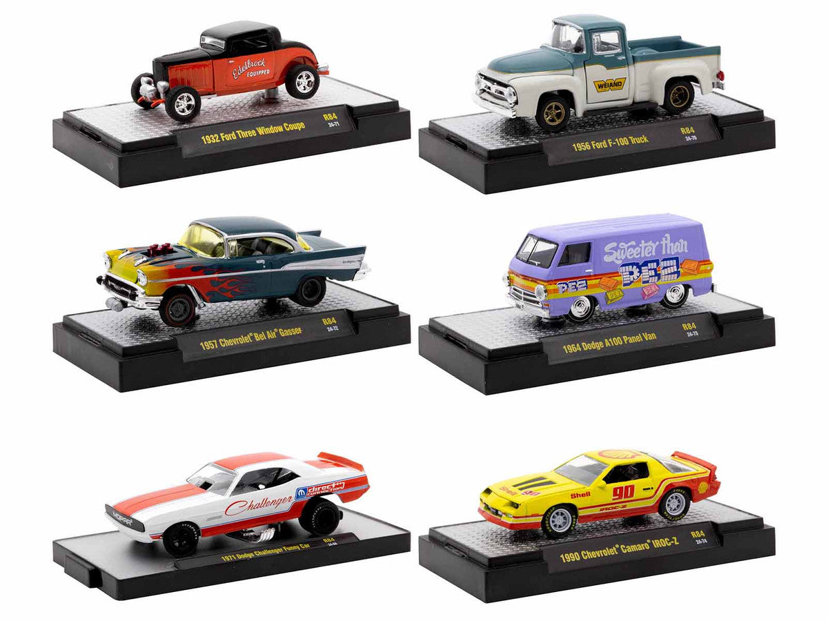 "Auto Meets" Set of 6 Cars IN DISPLAY CASES Release 84 Limited Edition 1/64 Diecast Model Cars by M2 Machines-2