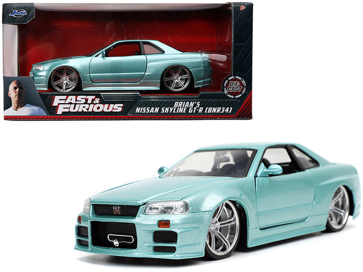 Brian's Nissan Skyline GT-R (BNR34) RHD (Right Hand Drive) Turquoise Metallic "Fast & Furious" Movie 1/24 Diecast Model Car by Jada-0