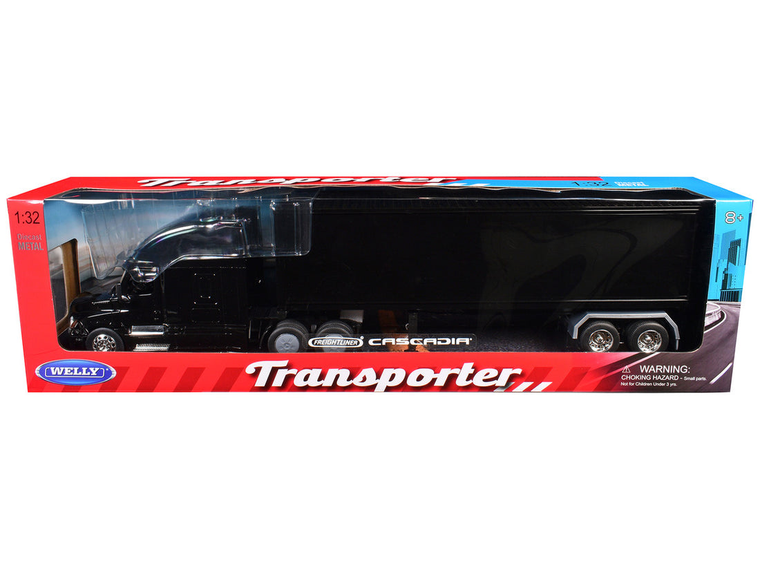 Freightliner Cascadia Truck Black with Plain Black Box Trailer 1/32 Diecast Model by Welly-2