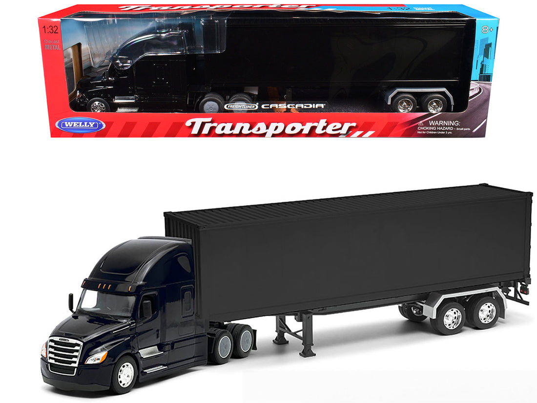 Freightliner Cascadia Truck Black with Plain Black Box Trailer 1/32 Diecast Model by Welly-0