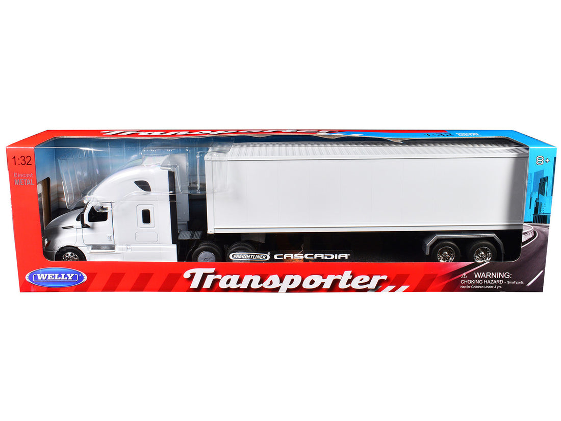 Freightliner Cascadia Truck White with White Container "Transporter" Series 1/32 Diecast Model by Welly-2