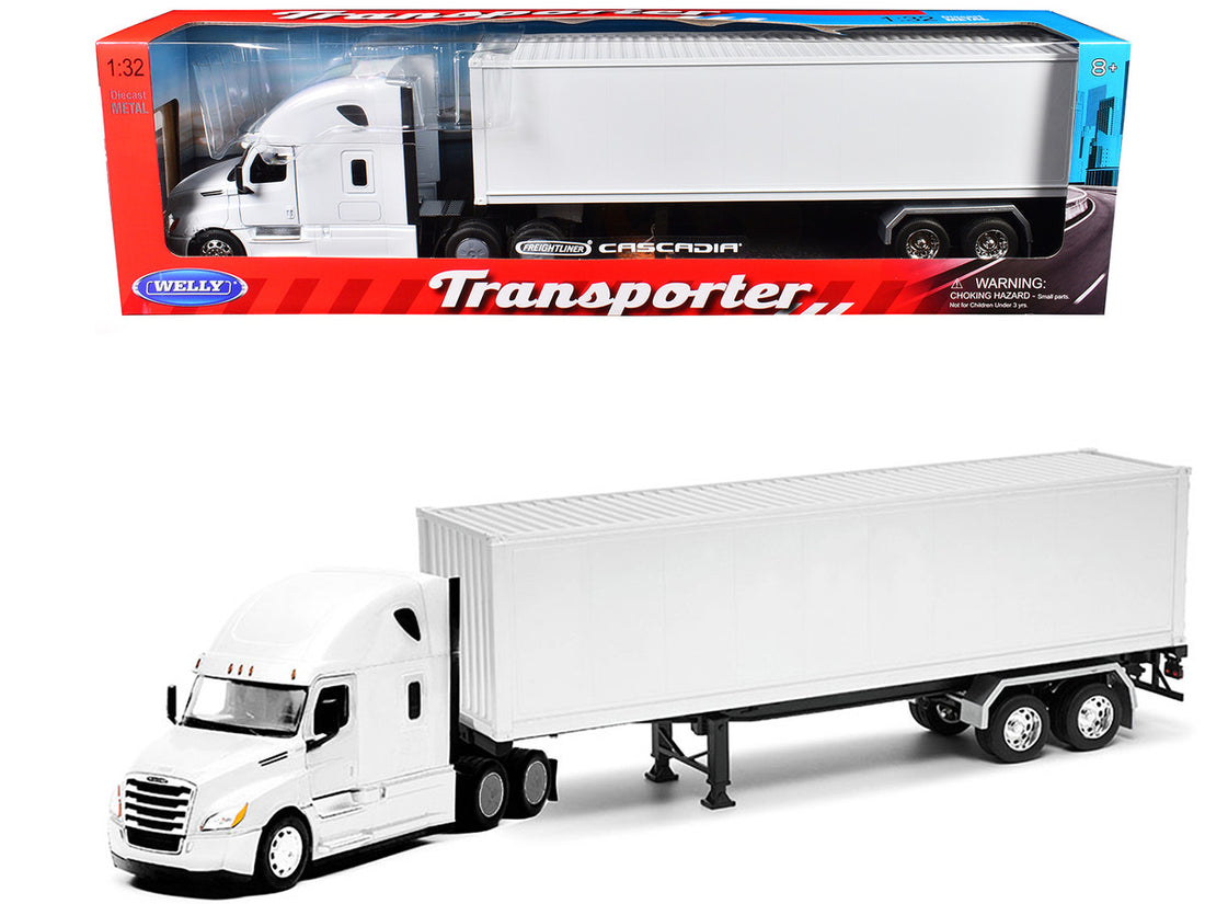 Freightliner Cascadia Truck White with White Container "Transporter" Series 1/32 Diecast Model by Welly-0