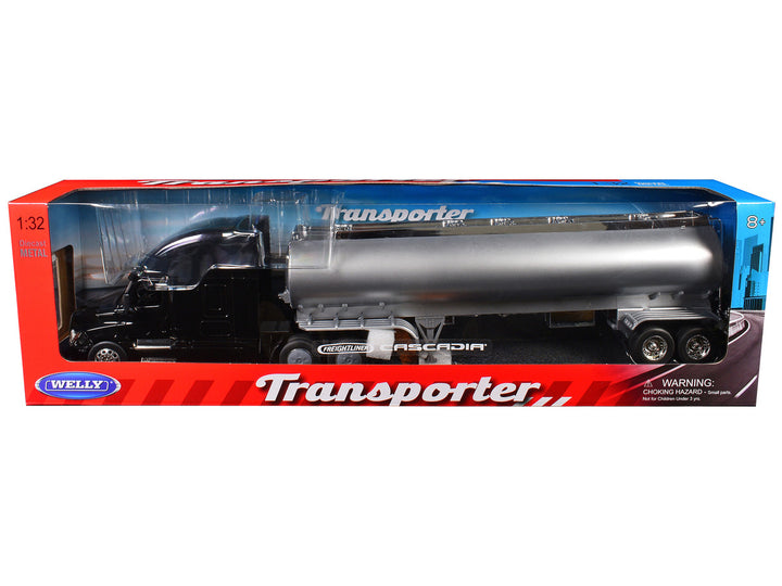 Freightliner Cascadia Truck Black with Silver Tanker Trailer "Transporter" Series 1/32 Diecast Model by Welly-1