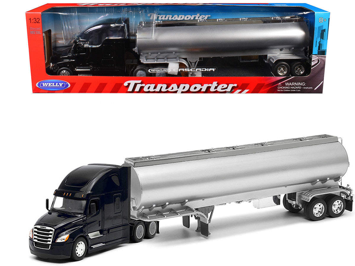 Freightliner Cascadia Truck Black with Silver Tanker Trailer Transporter Series 1 32 Diecast Model by Welly