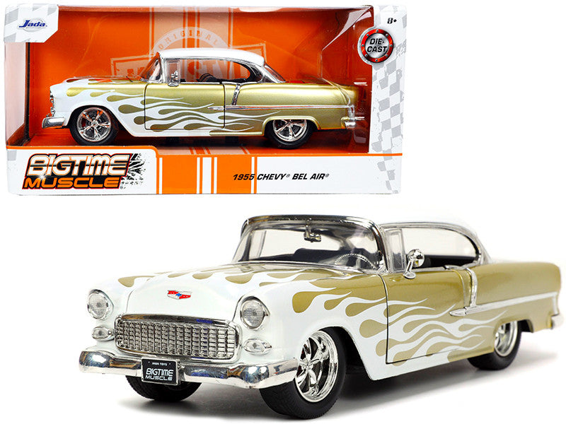 1955 Chevrolet Bel Air White and Gold with Flames "Bigtime Muscle" Series 1/24 Diecast Model Car by Jada-0