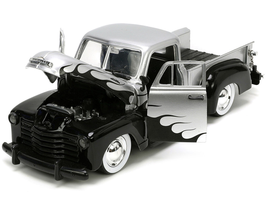 1953 Chevrolet 3100 Pickup Truck Silver Metallic with Black Flames with Extra Wheels "Just Trucks" Series 1/24 Diecast Model Car by Jada-1