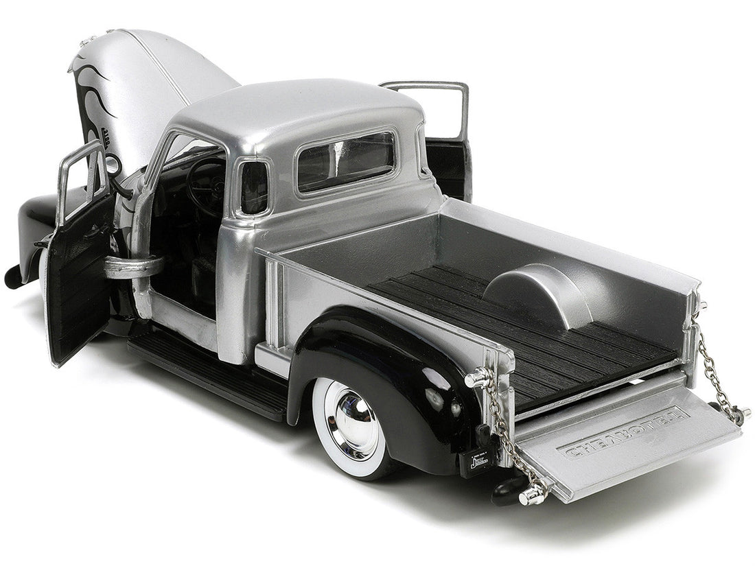 1953 Chevrolet 3100 Pickup Truck Silver Metallic with Black Flames with Extra Wheels "Just Trucks" Series 1/24 Diecast Model Car by Jada-2