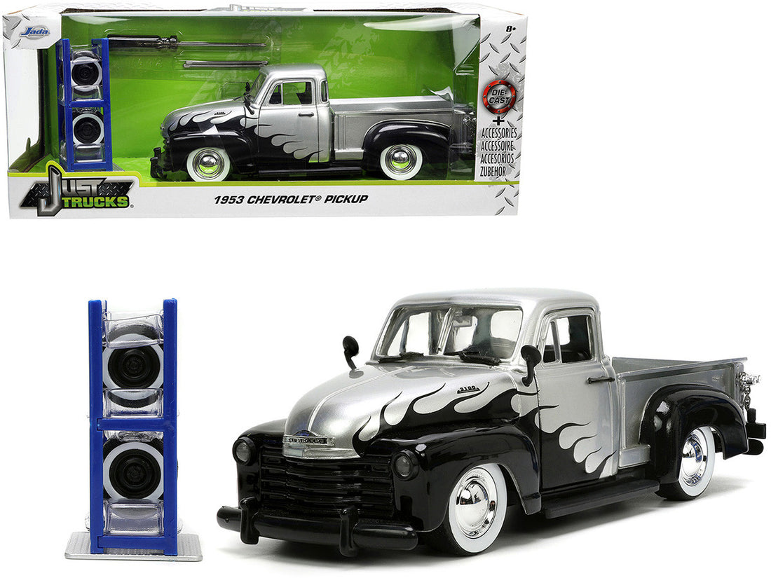 1953 Chevrolet 3100 Pickup Truck Silver Metallic with Black Flames with Extra Wheels "Just Trucks" Series 1/24 Diecast Model Car by Jada-0