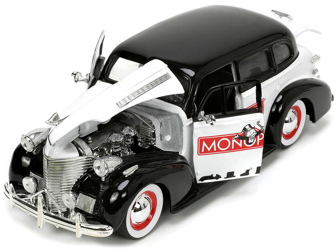 1939 Chevrolet Master Deluxe Black and White "Monopoly" and Mr. Monopoly Diecast Figure "Hollywood Rides" Series 1/24 Diecast Model Car by Jada-1