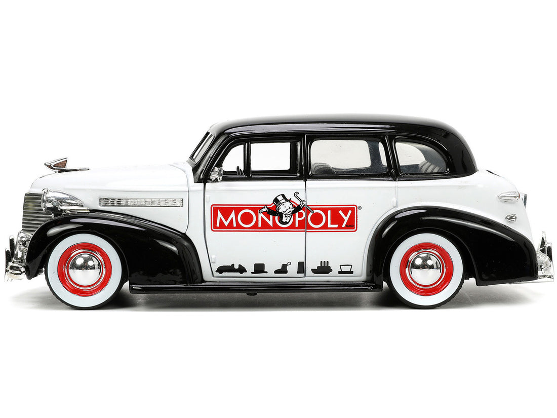 1939 Chevrolet Master Deluxe Black and White "Monopoly" and Mr. Monopoly Diecast Figure "Hollywood Rides" Series 1/24 Diecast Model Car by Jada-2