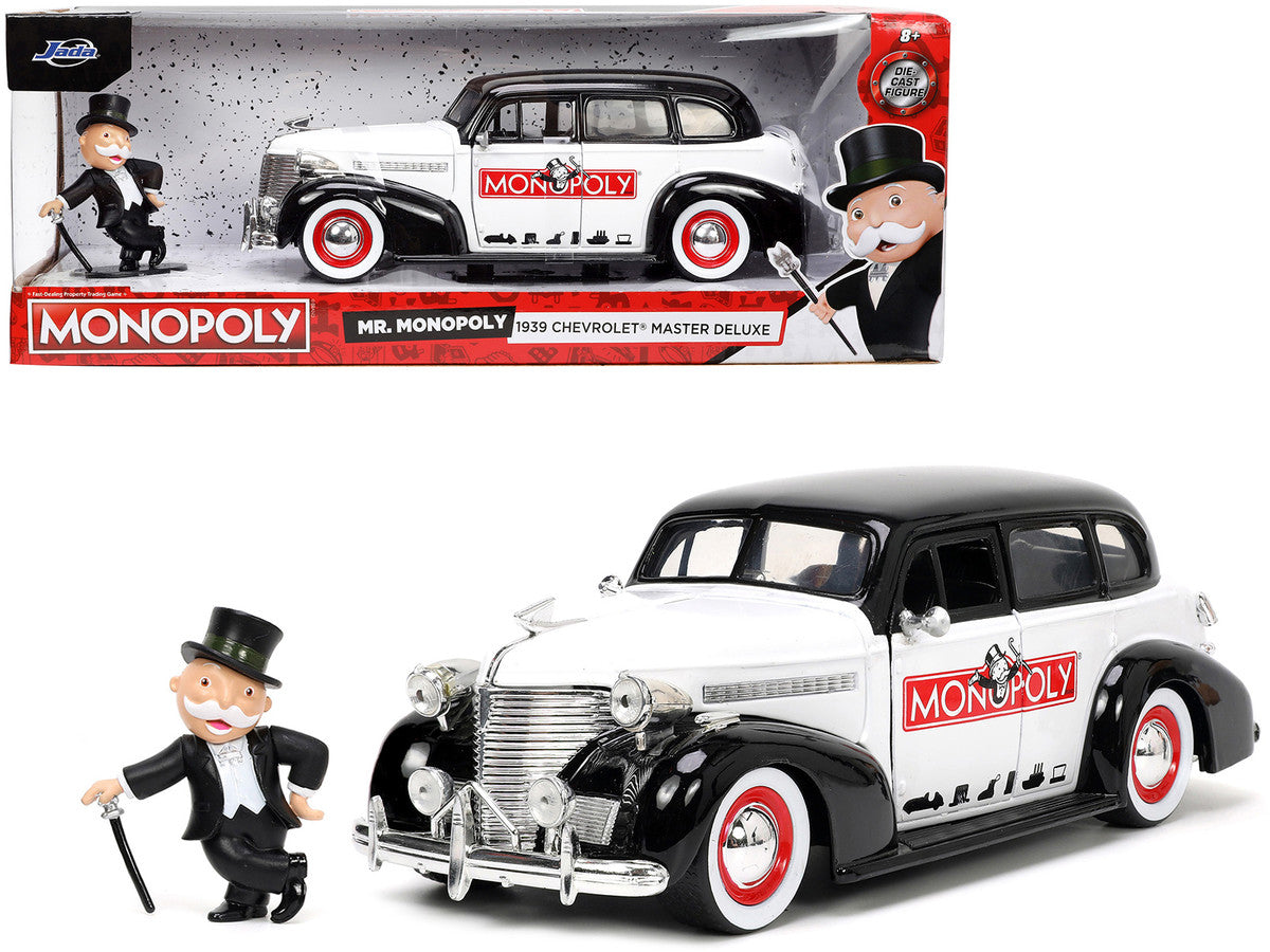 1939 Chevrolet Master Deluxe Black and White "Monopoly" and Mr. Monopoly Diecast Figure "Hollywood Rides" Series 1/24 Diecast Model Car by Jada-0