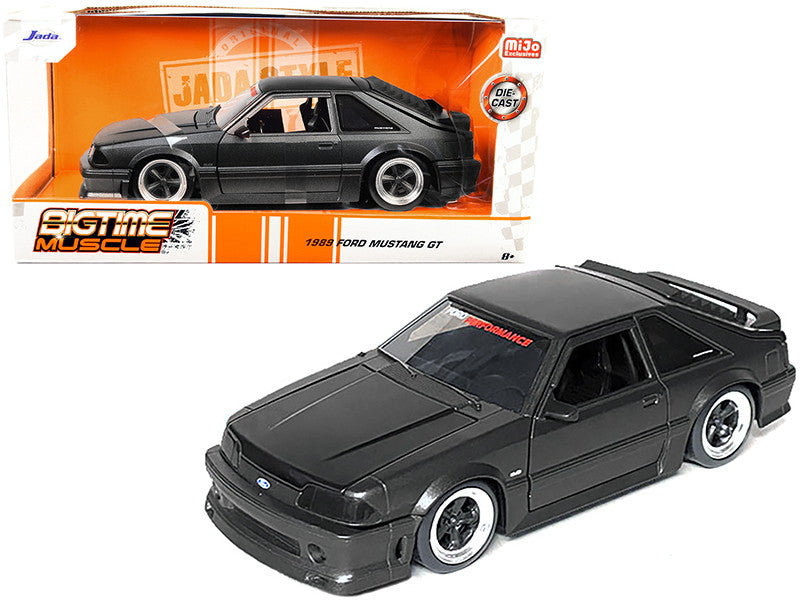 1989 Ford Mustang GT 5.0 Matt Black Metallic with Matt Black Hood "Bigtime Muscle" Series 1/24 Series Diecast Model Car by Jada-1