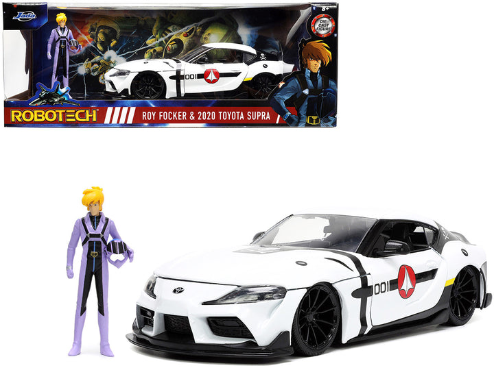 2020 Toyota Supra White and Roy Focker Diecast Figurine "Robotech" "Hollywood Rides" Series 1/24 Diecast Model Car by Jada-0