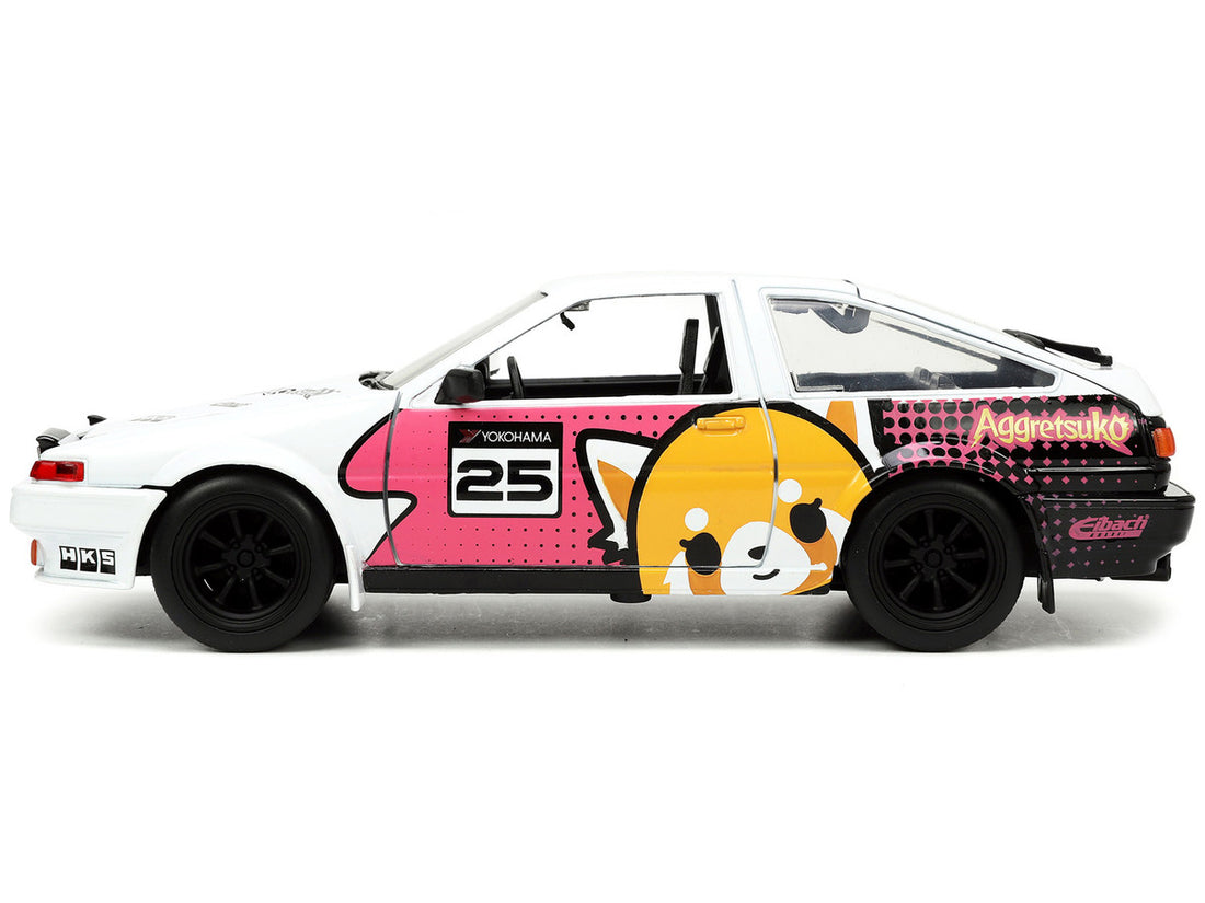 1986 Toyota Trueno (AE86) RHD (Right Hand Drive) #25 White with Graphics and Aggretsuko Diecast Figure "Aggretsuko" "Anime Hollywood Rides" Series 1/24 Diecast Model Car by Jada-2