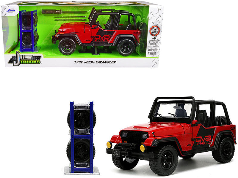 1992 Jeep Wrangler DV8 Off-Road Red with Matt Black Stripes with Extra Wheels "Just Trucks" Series 1/24 Diecast Model Car by Jada-0