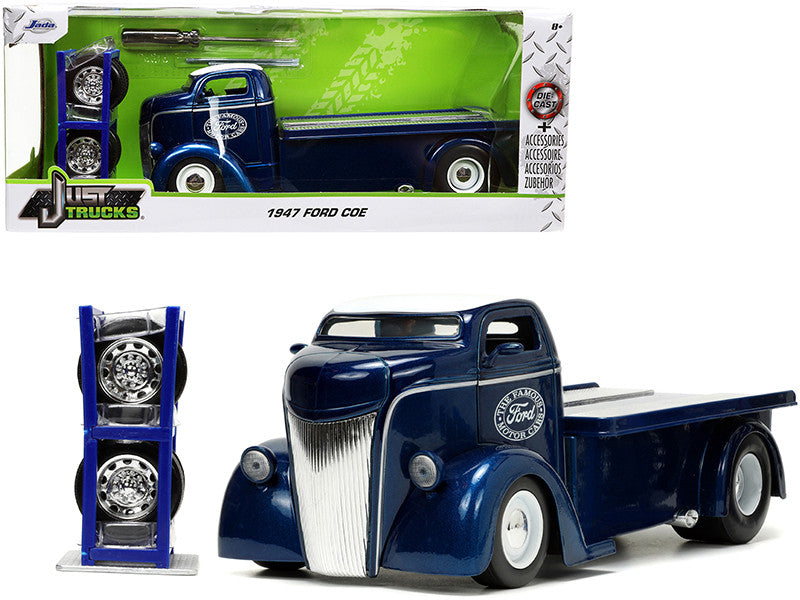 1947 Ford COE Flatbed Truck Dark Blue Metallic with White Top "The Famous Motor Cars" with Extra Wheels "Just Trucks" Series 1/24 Diecast Model by Jada-0