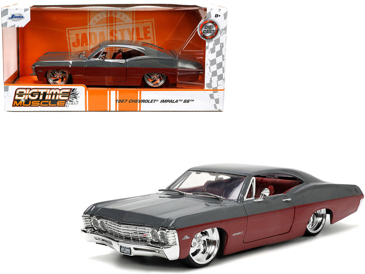 1967 Chevrolet Impala SS Gray and Burgundy with Burgundy Interior "Bigtime Muscle" Series 1/24 Diecast Model Car by Jada-0