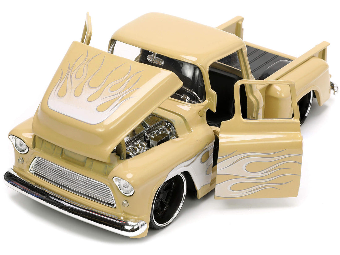 1955 Chevrolet Stepside Pickup Truck Tan with White and Silver Flames with Extra Wheels "Just Trucks" Series 1/24 Diecast Model Car by Jada-1