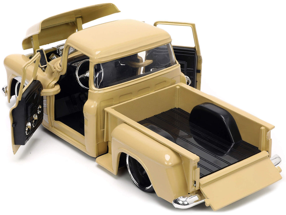 1955 Chevrolet Stepside Pickup Truck Tan with White and Silver Flames with Extra Wheels "Just Trucks" Series 1/24 Diecast Model Car by Jada-2