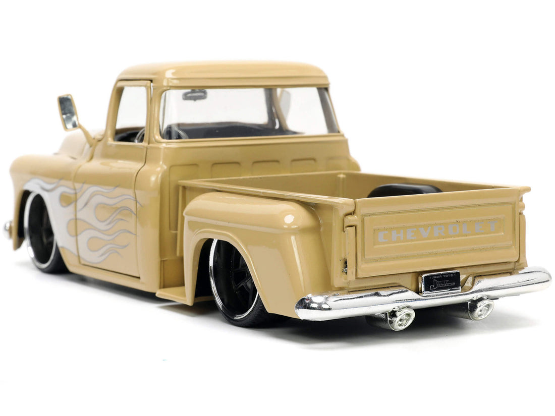 1955 Chevrolet Stepside Pickup Truck Tan with White and Silver Flames with Extra Wheels "Just Trucks" Series 1/24 Diecast Model Car by Jada-3